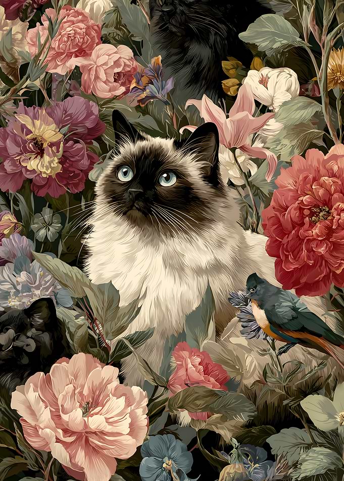 Siamese Cat in a Floral Garden