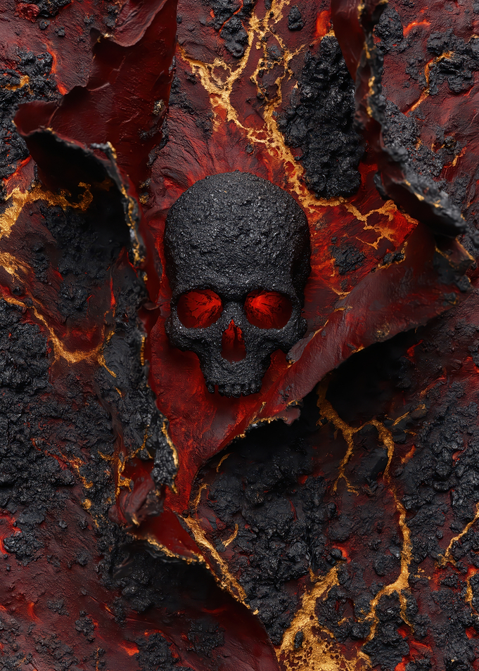 Skull with Glowing Red Eyes on Lava Background