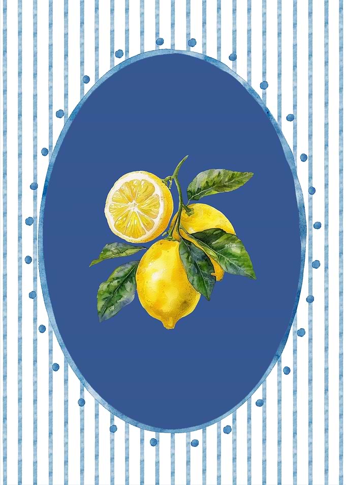 Watercolor Lemons on Blue Striped Background
