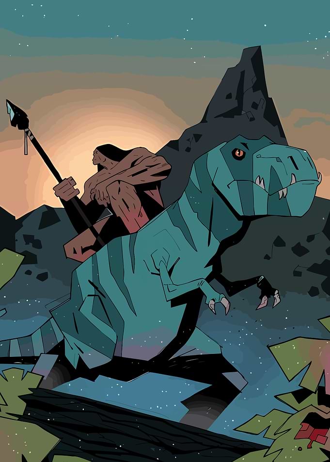 Caveman riding a dinosaur