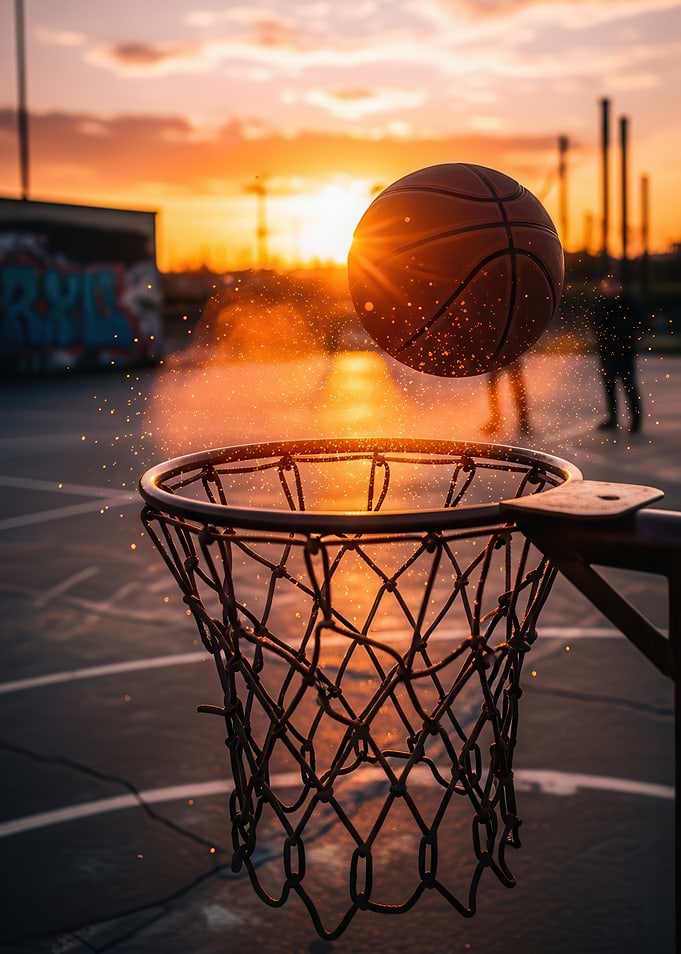 Basketball going into hoop at sunset