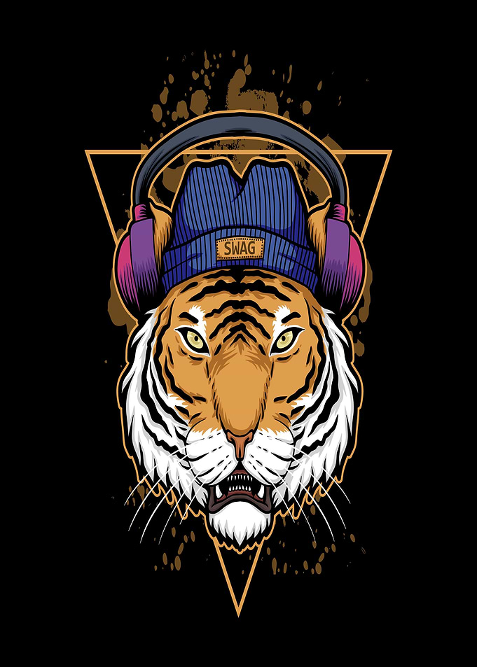 Tiger wearing headphones and beanie