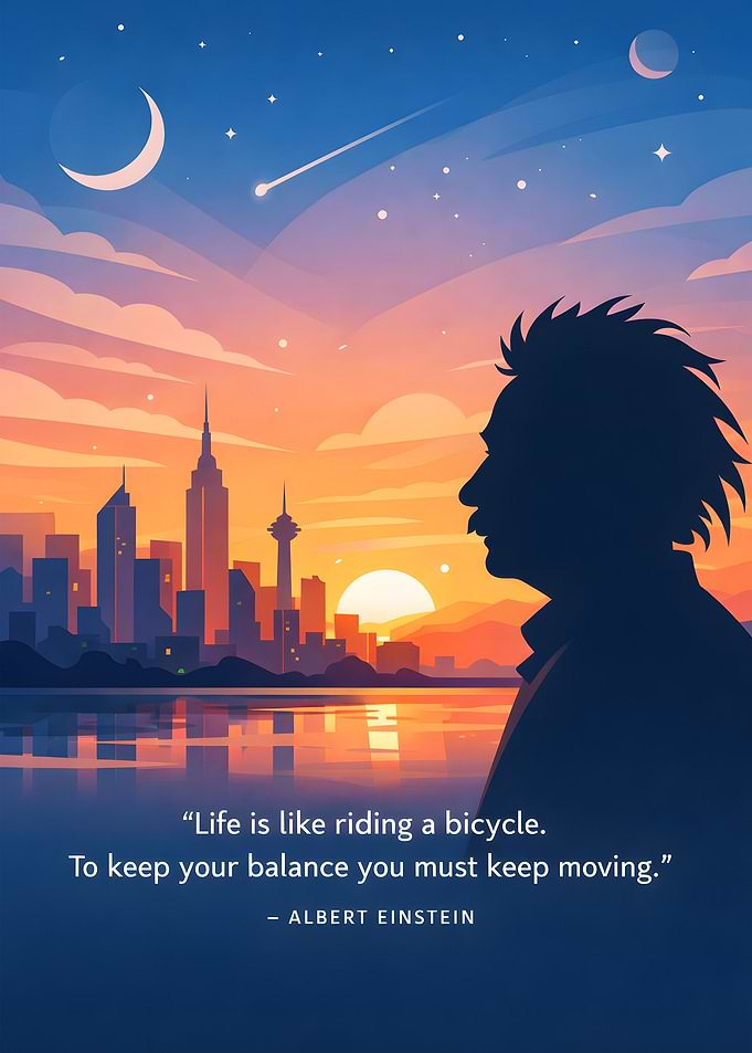 Einstein silhouette with cityscape and quote