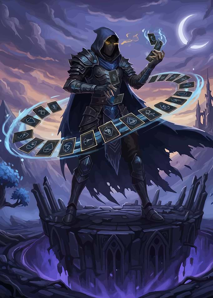 Mysterious Card Mage in a Fantasy Landscape