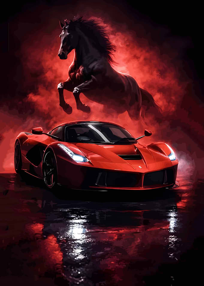 Red Ferrari and Black Horse
