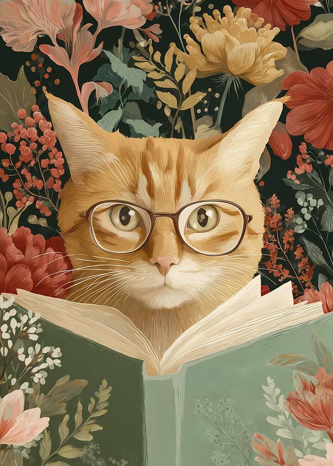 Cat Reading a Book Amidst Flowers