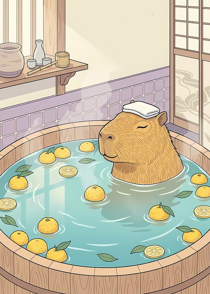 Capybara enjoying a citrus bath