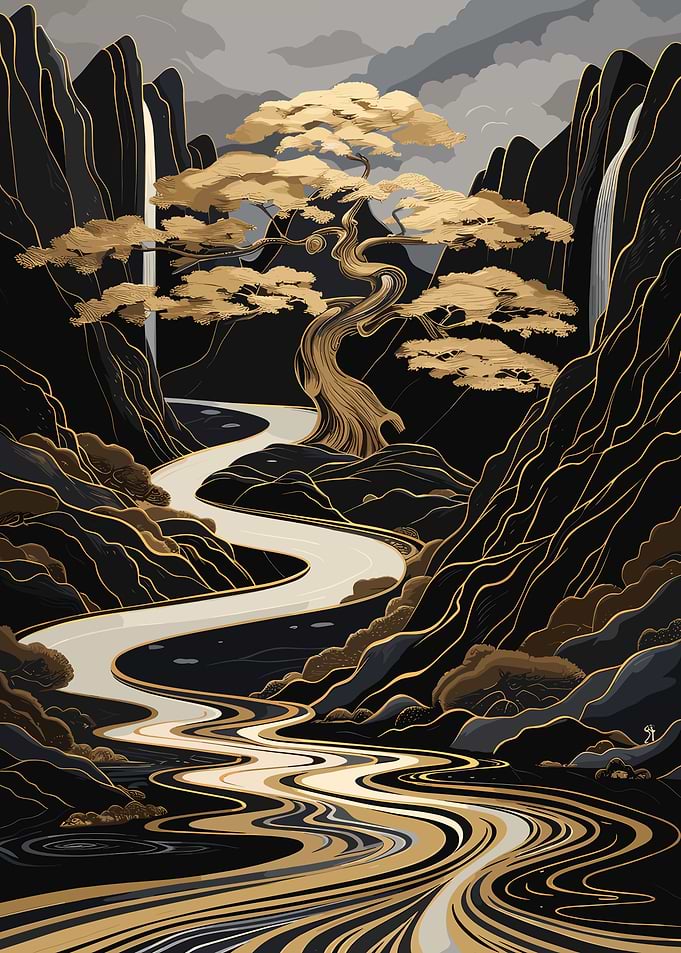 Serene Mountain Landscape with Golden Tree