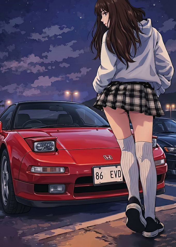 Anime girl with red honda nsx at night