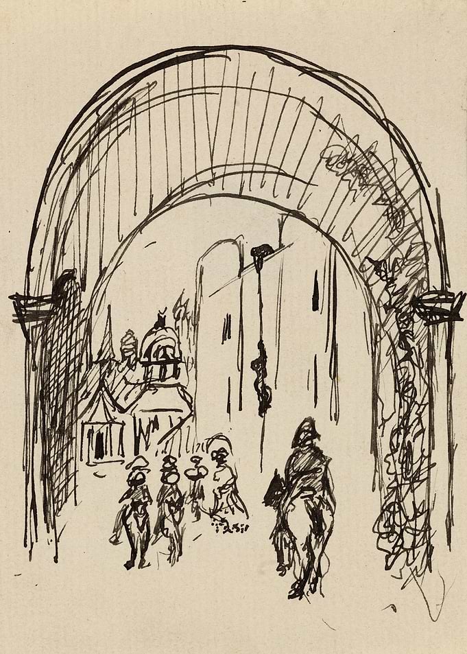 Sketch of figures under an archway