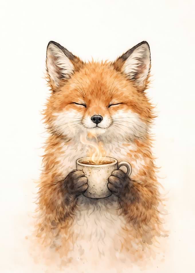Cute Fox Enjoying Coffee