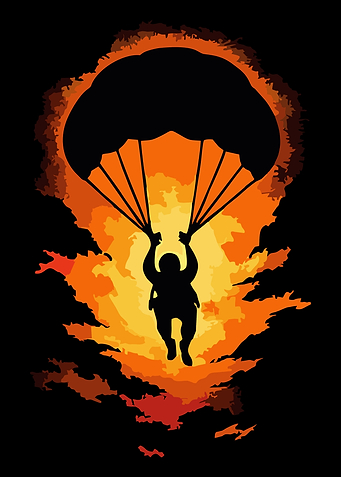 Skydiver silhouette against fiery background