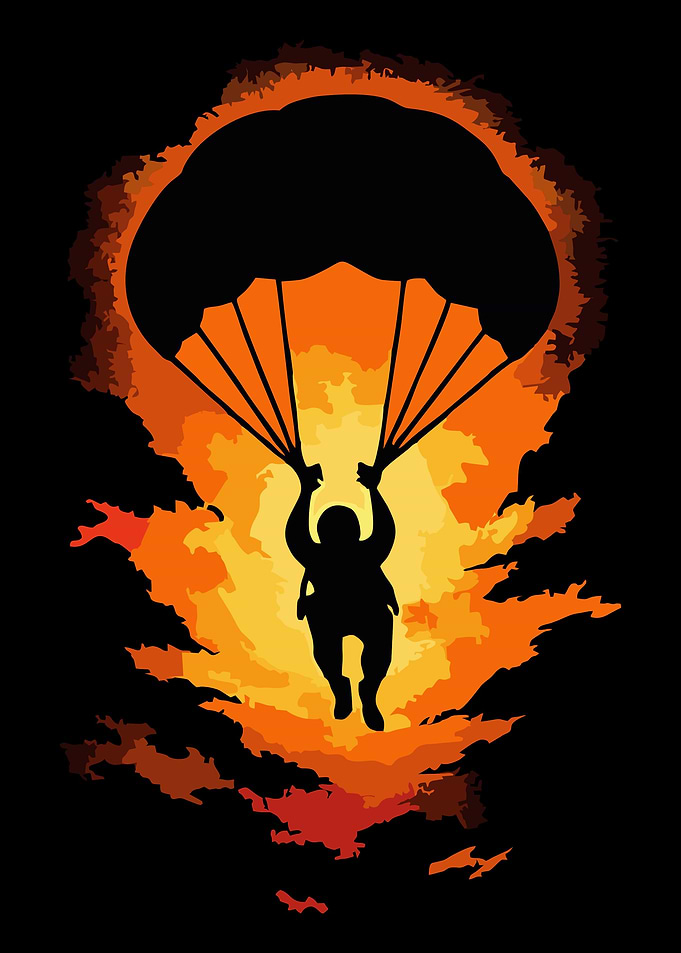 Skydiver silhouette against fiery background