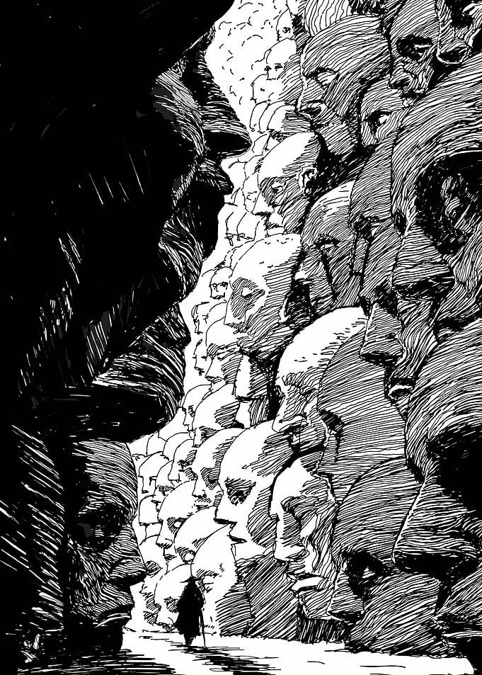 Figure walks through a canyon of faces