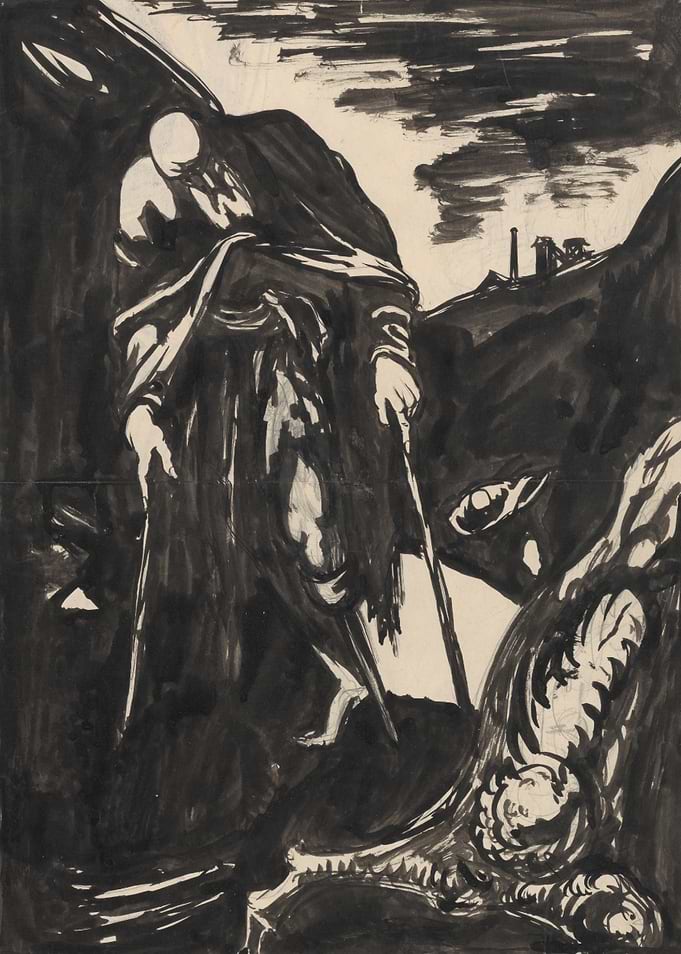 Figure with Canes in Dark Landscape
