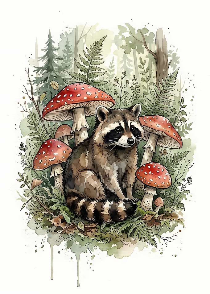 Raccoon Among Mushrooms