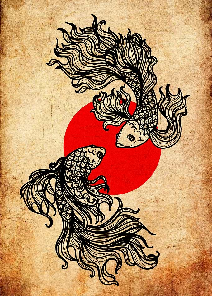 Two Koi Fish and Red Sun