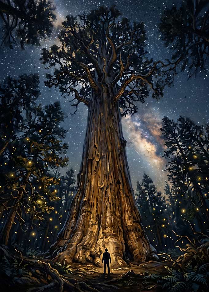 Giant Sequoia Night Sky — Nature Poster, Mystical Tree Wall Decor, Dark Fantasy Landscape, Firefly Fores