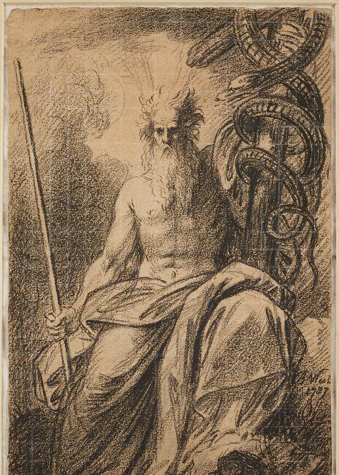 Mythological Figure with Staff and Serpent