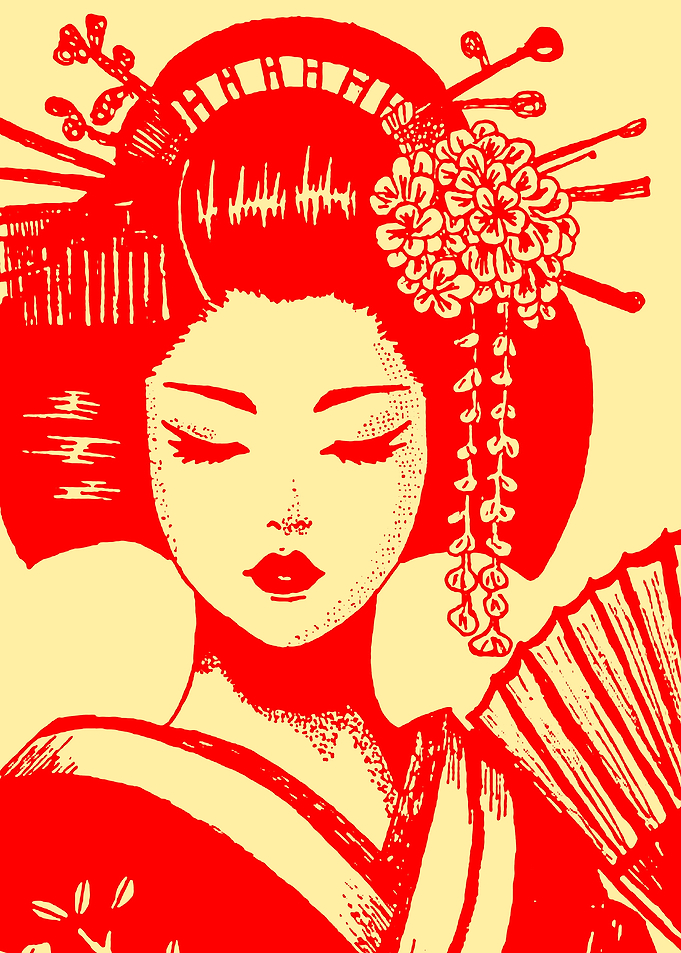 Geisha with Fan and Flowers