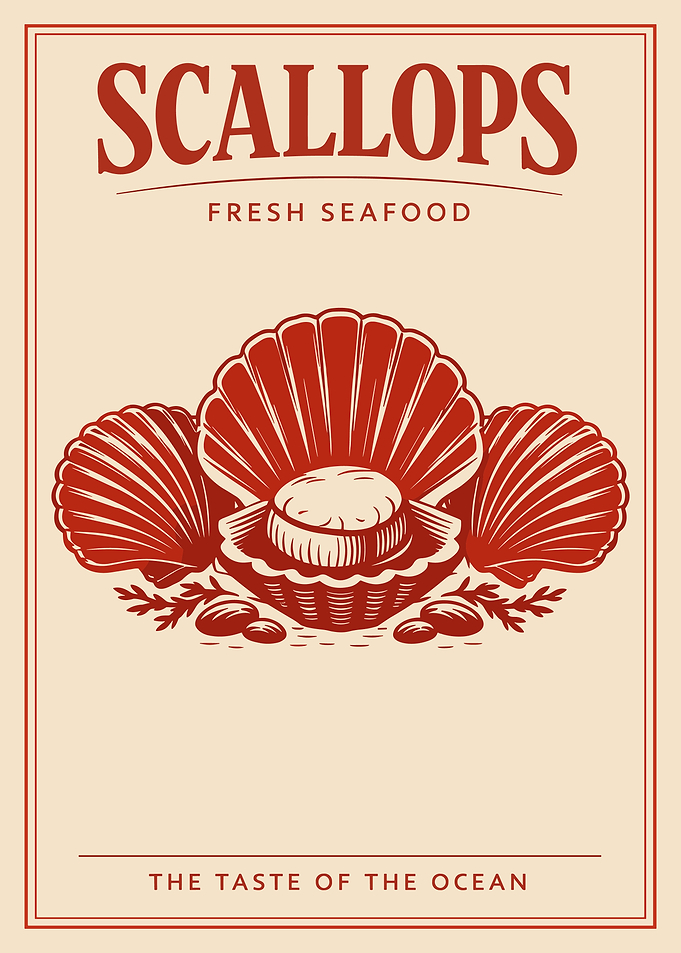 Vintage Scallops Poster, Seafood Kitchen Wall Art, Retro Ocean Food Illustration Print