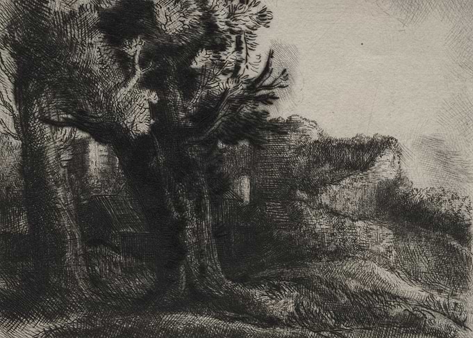 Etching of a wooded landscape with ruins