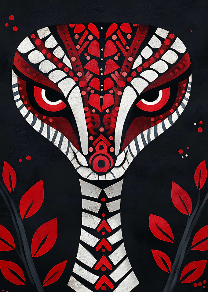 Stylized Cobra with Red and White Patterns