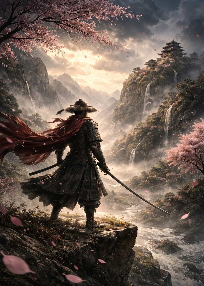 Samurai Overlooking Misty Mountains