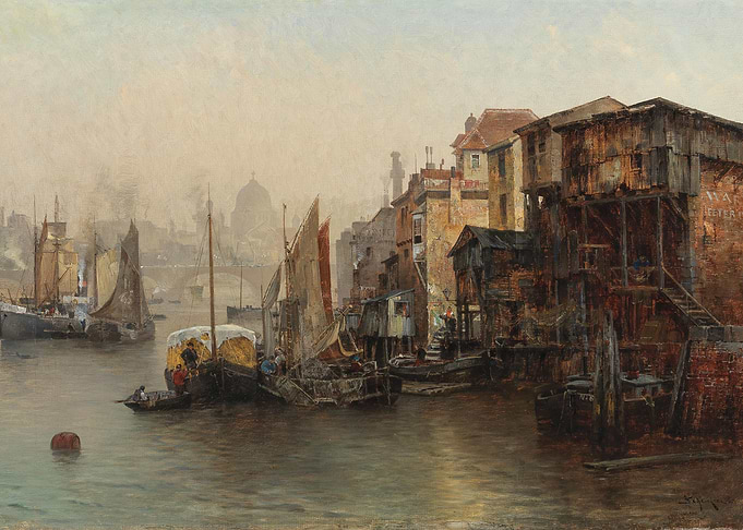 Misty London River Scene with Boats