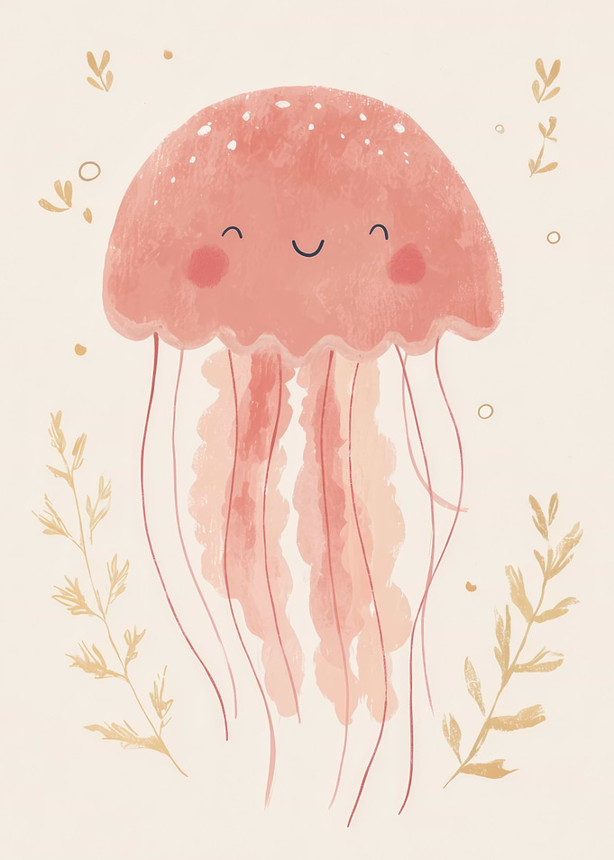 Cute Pink Jellyfish with Plants