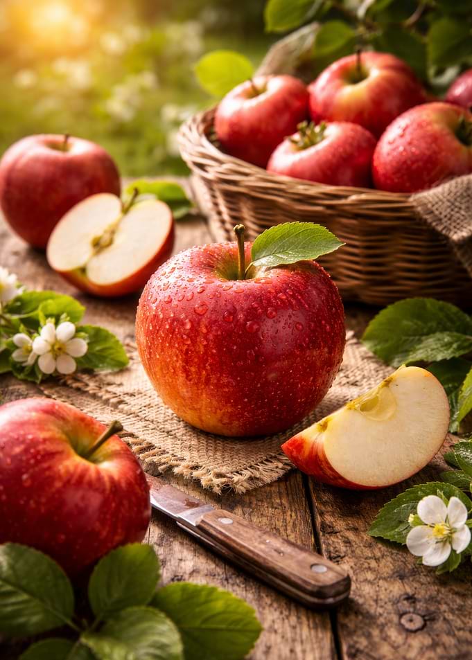 Fresh Red Apples on Wooden Table