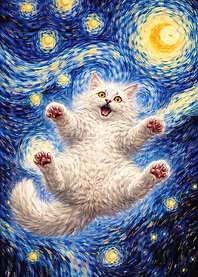 Fluffy White Persian Cat falling in the Starry Night Sky
