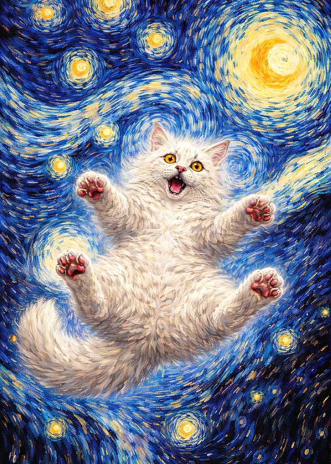 Fluffy White Persian Cat falling in the Starry Night Sky