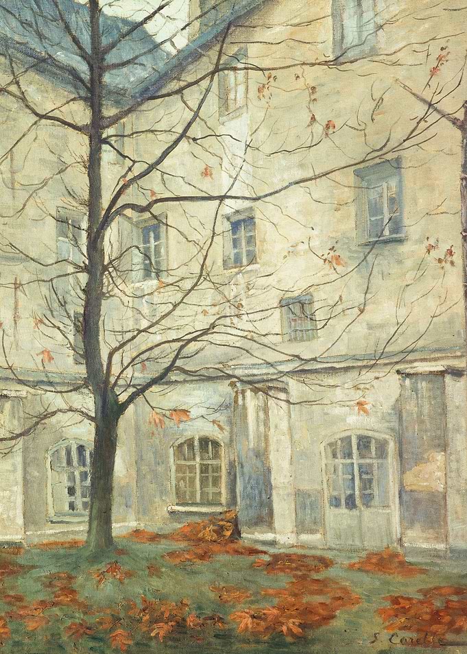 Autumn Courtyard with Bare Tree and Building