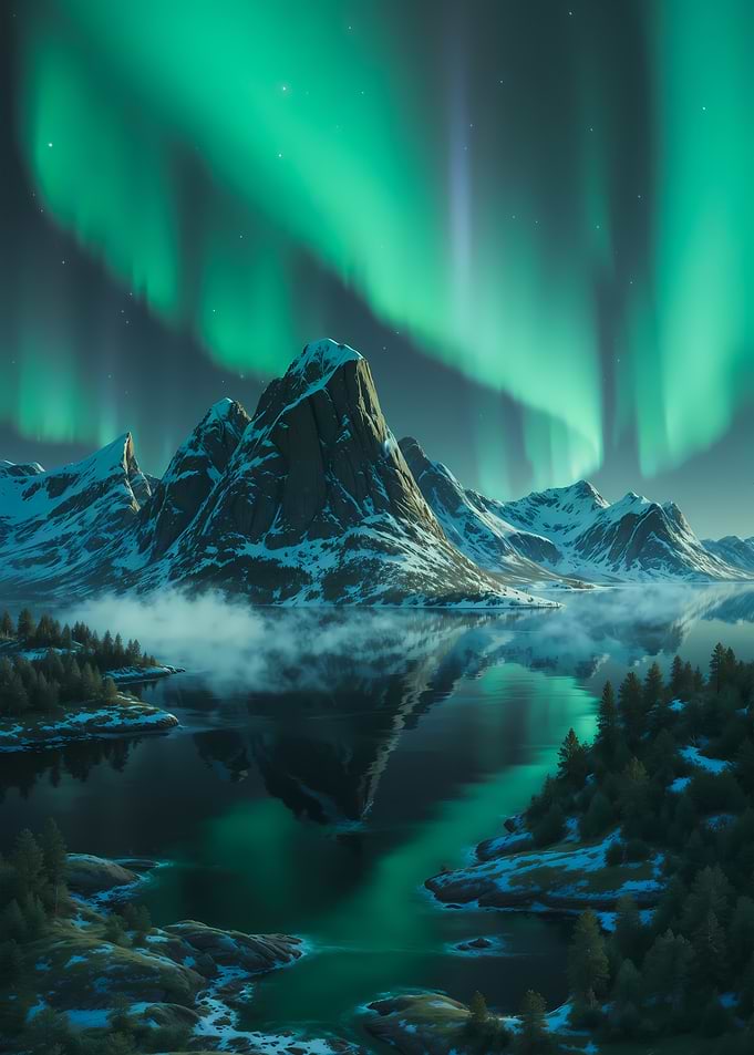 Aurora Borealis over Snowy Mountains