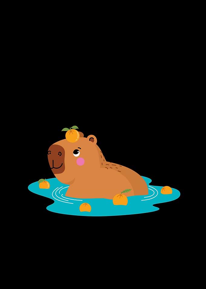 Cute Capybara in Water with Oranges