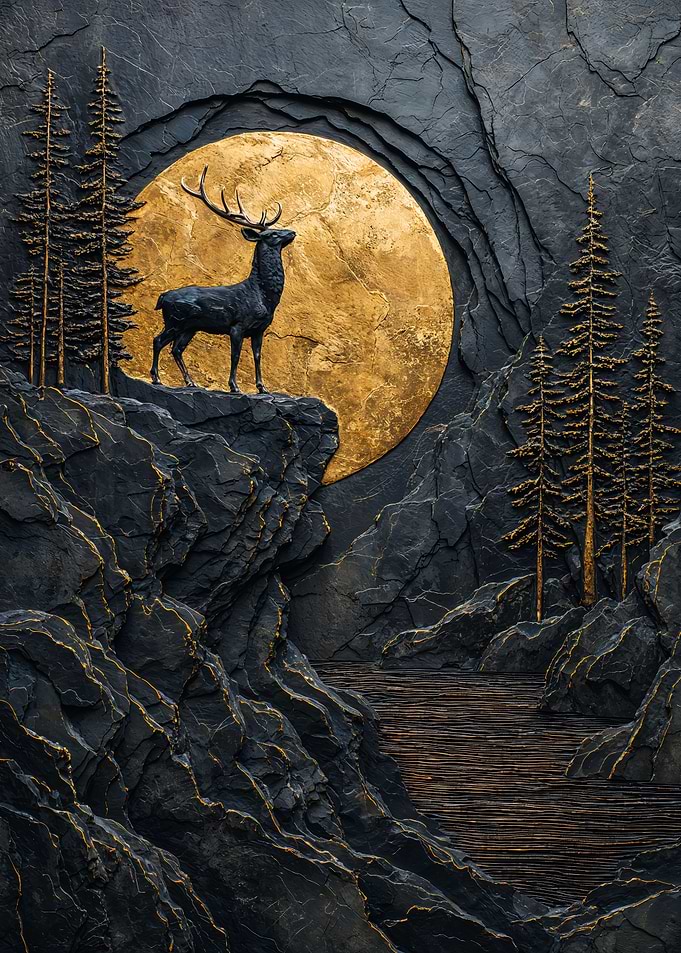 Golden Stag Moon Stone Relief