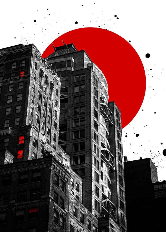 Neo Noir Cityscape Red Sun Architecture
