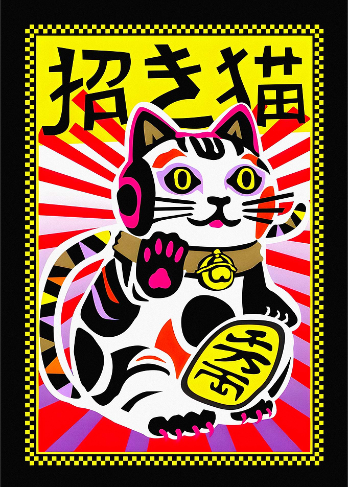 Maneki-neko with Japanese text and headphones