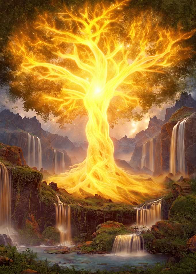 Glowing Tree of Life with Waterfalls