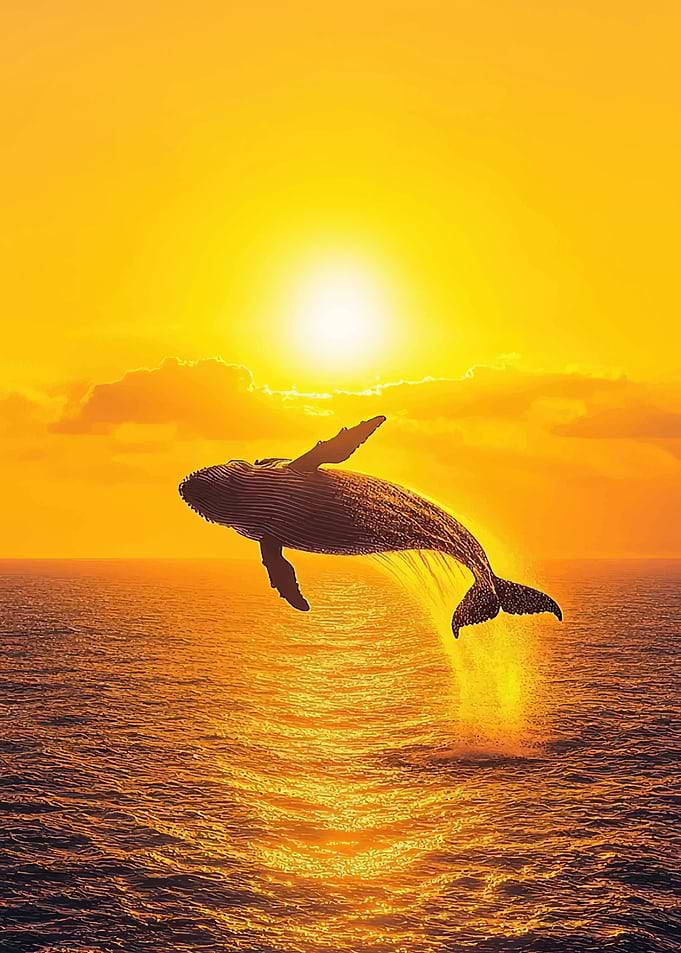 Whale breaching at sunset