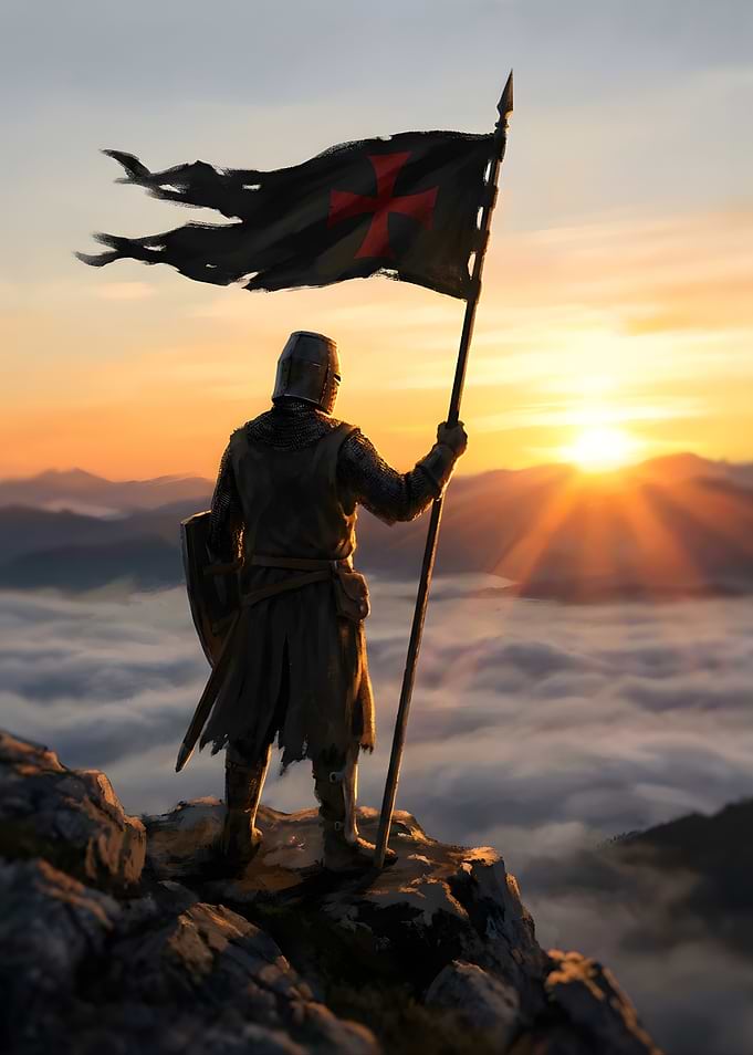 Knight with Flag on Mountain Peak