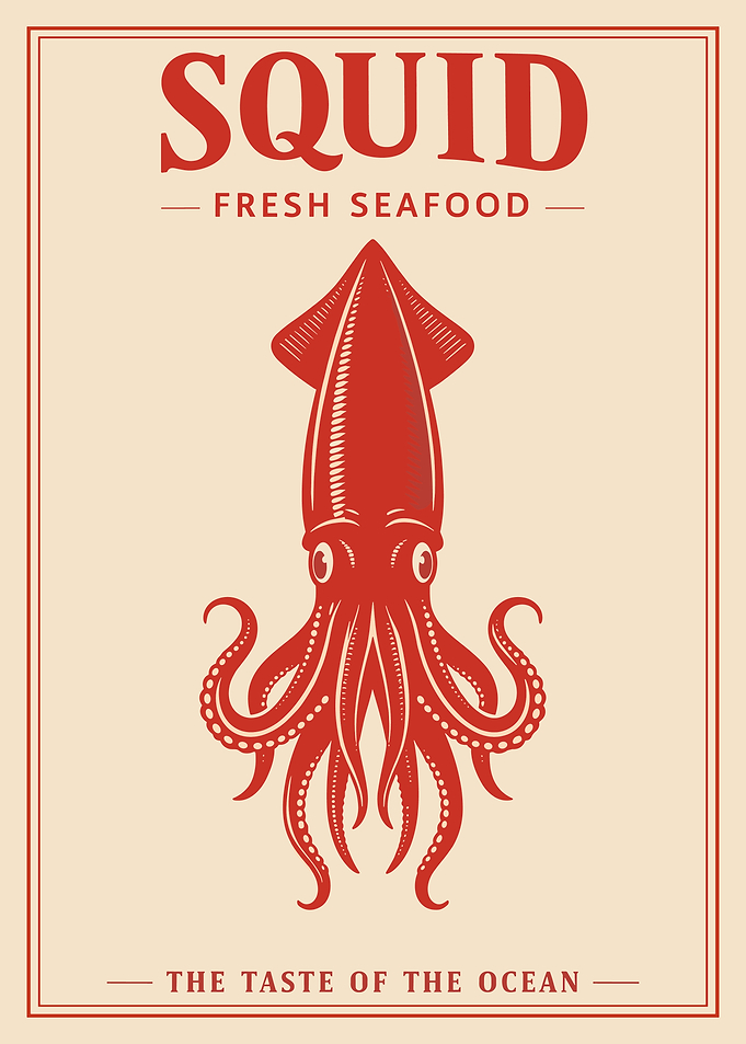 Vintage Squid Poster, Retro Seafood Wall Art, Red Ocean Kitchen Print