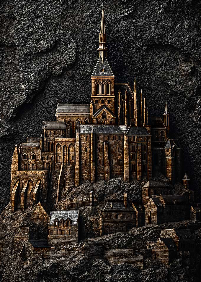 Golden Gothic Castle Stone Relief