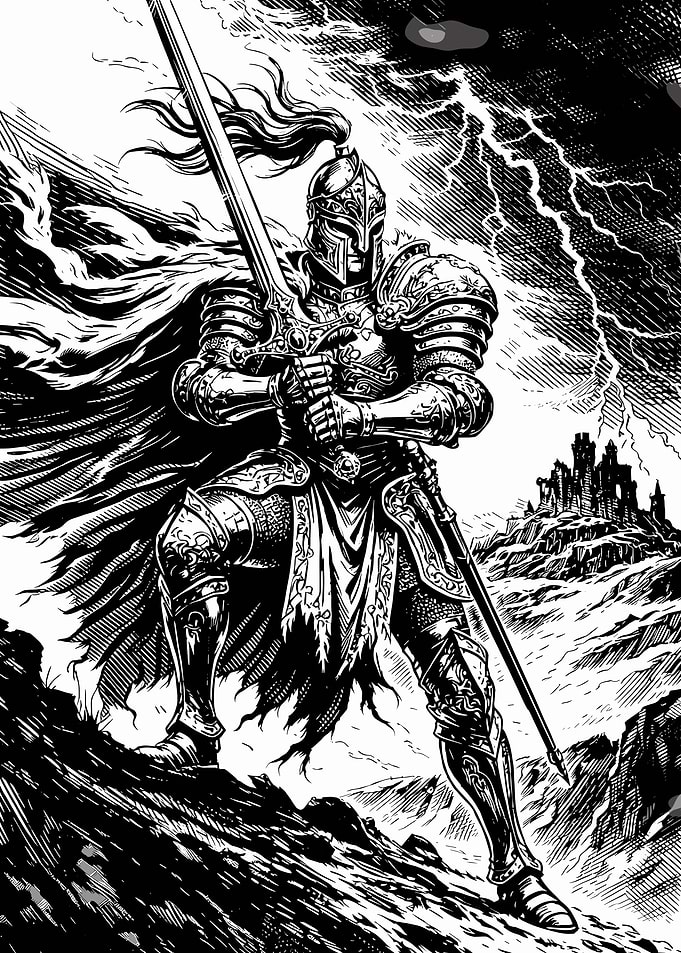 Knight in Armor with Sword and Castle