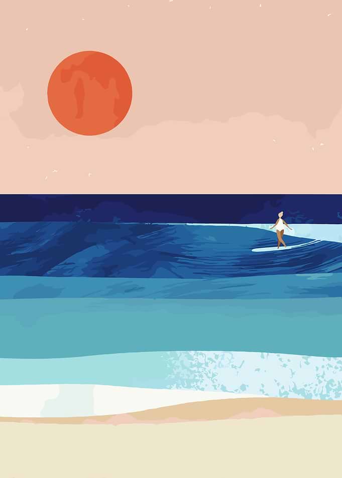 Surfer riding a wave at sunset