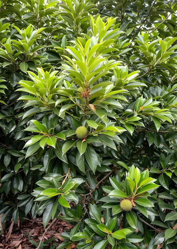 Green spiky fruit on a tree