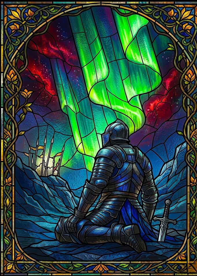 Knight Gazing at Aurora Borealis