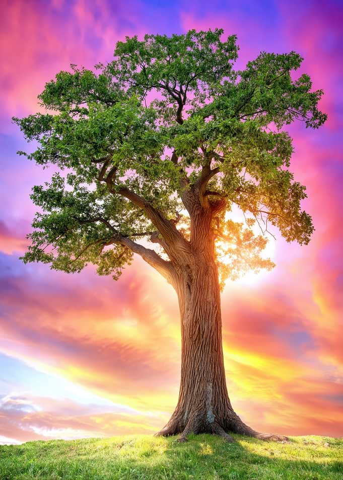 Majestic Oak Tree at Sunset