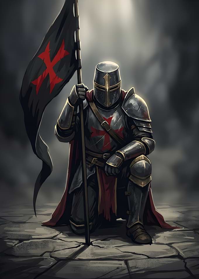 Knight Kneeling with Templar Flag